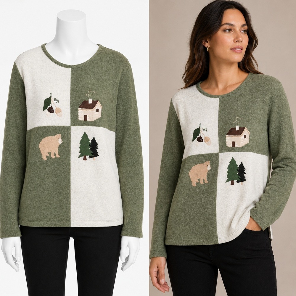 Christopher & Banks Womens L Green Bear Cottage Trees Colorblock Sweater